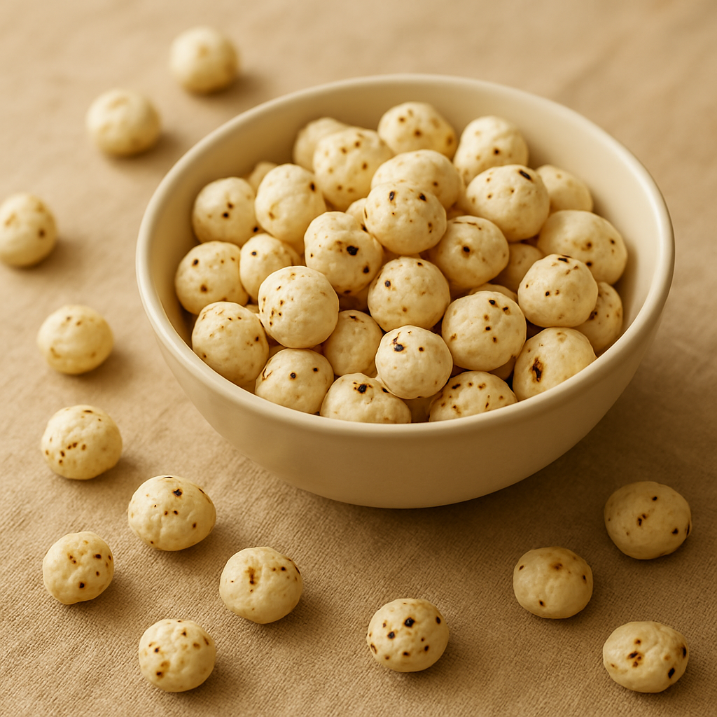 A bowl of premium roasted makhana fox nuts on a beige linen surface